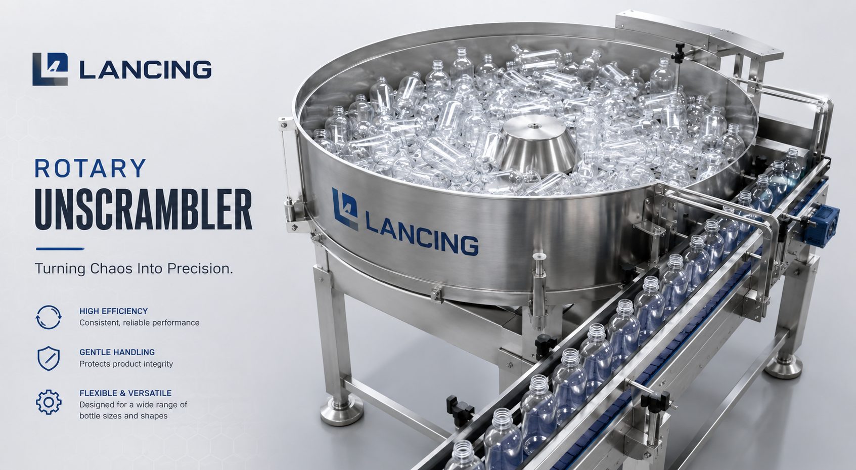 Lancing rotary bottle unscrambler machinery with bottles feeding into a conveyor