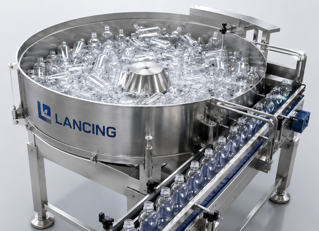 Rotary bottle unscrambler feeding bottles into a conveyor